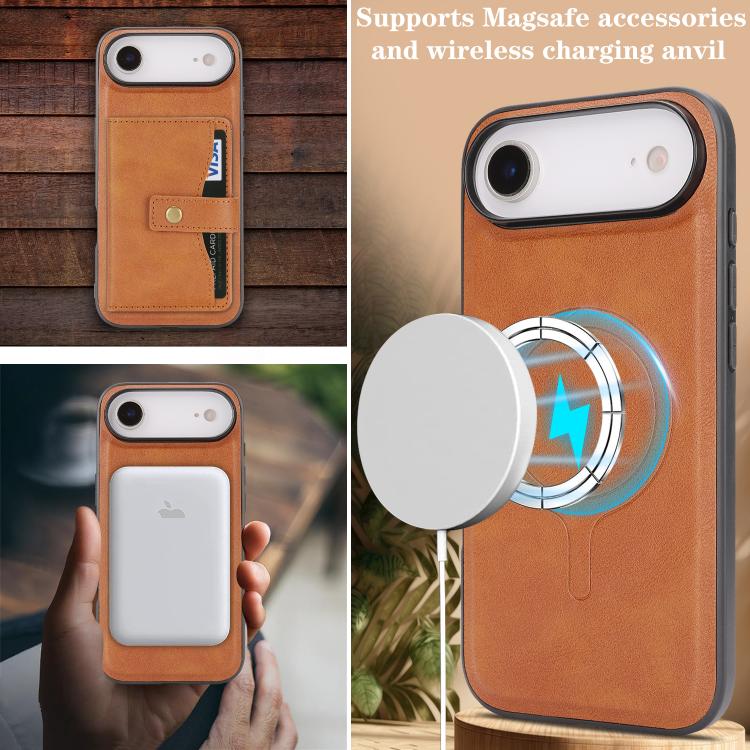 For iPhone Air Kalebol Magnetic Button Card Bag MagSafe Ring Leather Phone Case(Brown) by Kalebol