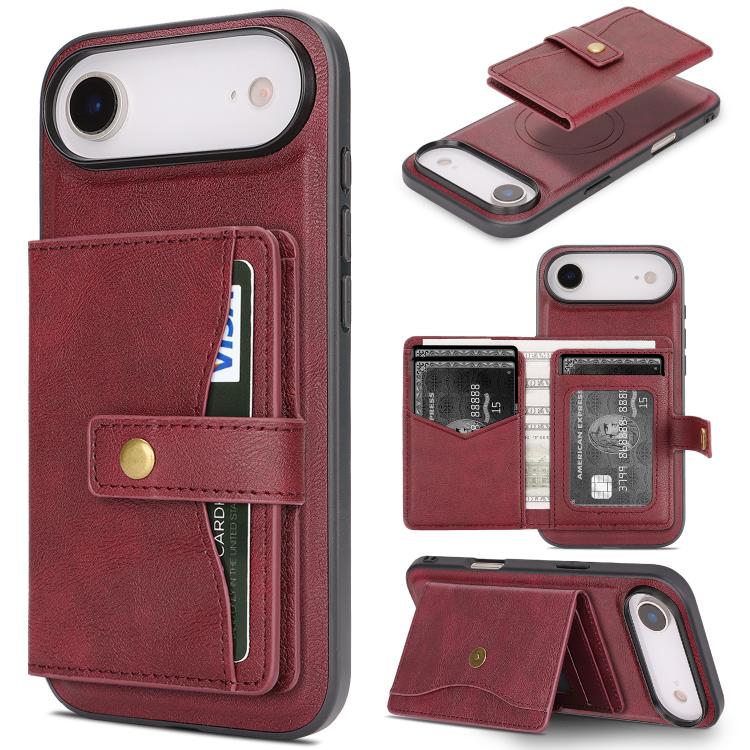 For iPhone Air Kalebol Magnetic Button Card Bag MagSafe Ring Leather Phone Case(Red) by Kalebol