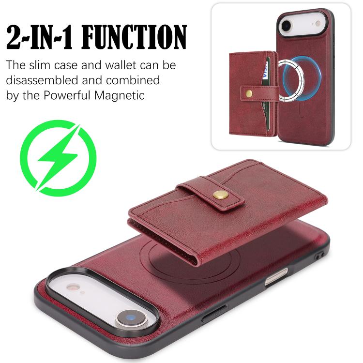 For iPhone Air Kalebol Magnetic Button Card Bag MagSafe Ring Leather Phone Case(Red) by Kalebol