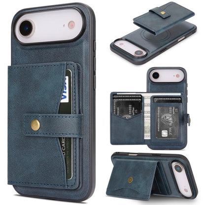 For iPhone Air Kalebol Magnetic Button Card Bag MagSafe Ring Leather Phone Case(Blue) by Kalebol