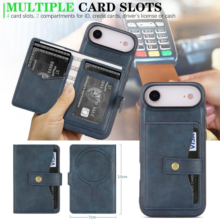 For iPhone Air Kalebol Magnetic Button Card Bag MagSafe Ring Leather Phone Case(Blue) by Kalebol