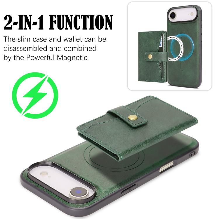 For iPhone Air Kalebol Magnetic Button Card Bag MagSafe Ring Leather Phone Case(Green) by Kalebol
