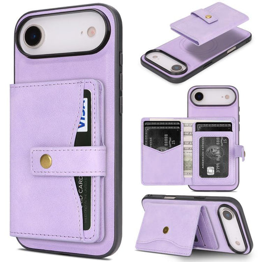 For iPhone Air Kalebol Magnetic Button Card Bag MagSafe Ring Leather Phone Case(Purple) by Kalebol
