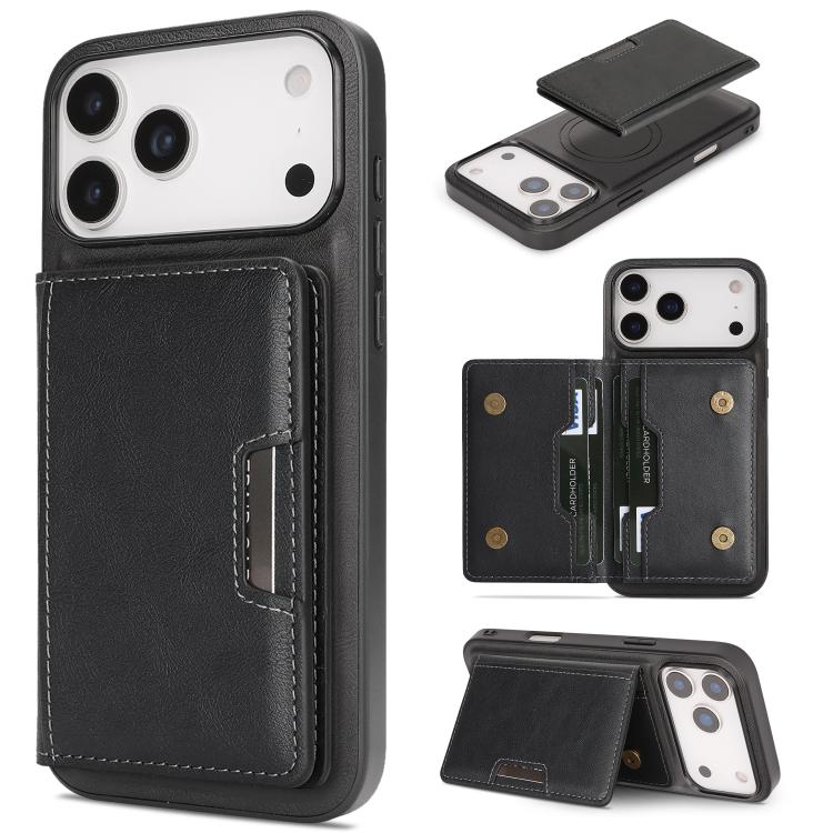 For iPhone 17 Pro Kalebol Strong MagSafe Magnetic Two-Fold Card Bag Leather Phone Case(Black) by Kalebol