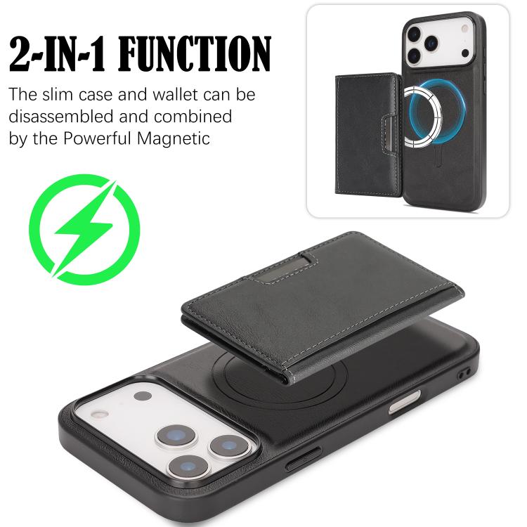 For iPhone 17 Pro Kalebol Strong MagSafe Magnetic Two-Fold Card Bag Leather Phone Case(Black) by Kalebol