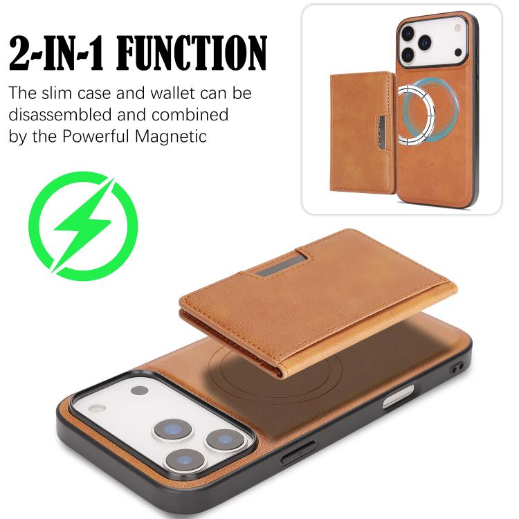 For iPhone 17 Pro Kalebol Strong MagSafe Magnetic Two-Fold Card Bag Leather Phone Case(Brown) by Kalebol