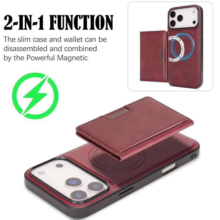 For iPhone 17 Pro Kalebol Strong MagSafe Magnetic Two-Fold Card Bag Leather Phone Case(Red) by Kalebol
