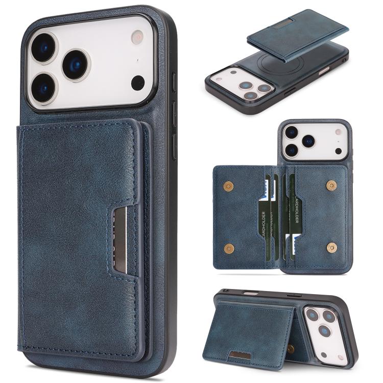 For iPhone 17 Pro Kalebol Strong MagSafe Magnetic Two-Fold Card Bag Leather Phone Case(Blue) by Kalebol