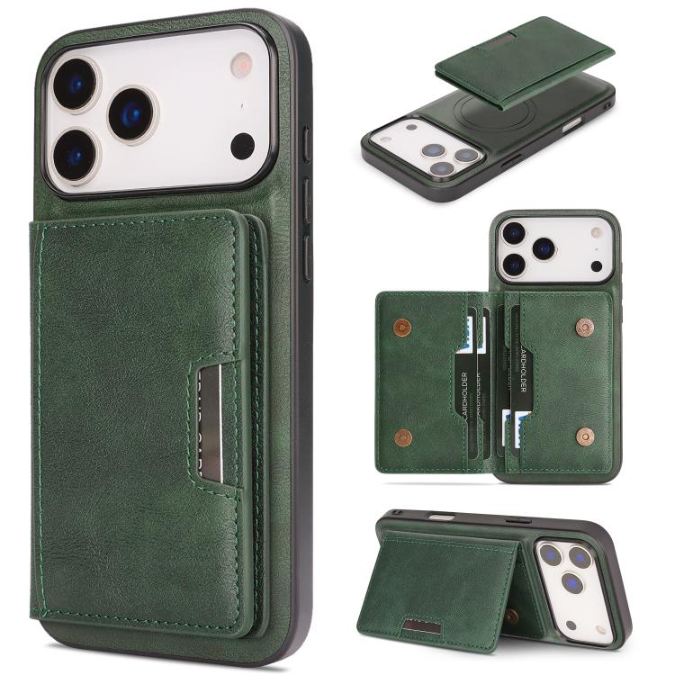 For iPhone 17 Pro Kalebol Strong MagSafe Magnetic Two-Fold Card Bag Leather Phone Case(Green) by Kalebol