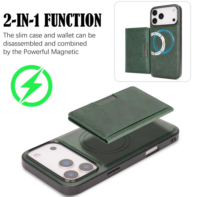 For iPhone 17 Pro Kalebol Strong MagSafe Magnetic Two-Fold Card Bag Leather Phone Case(Green) by Kalebol