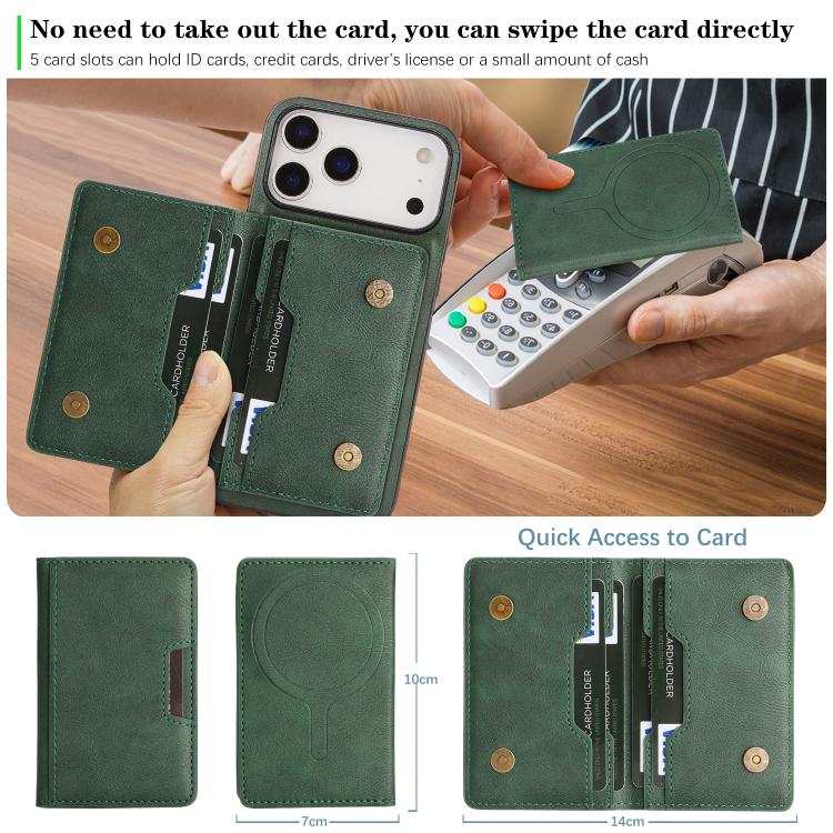For iPhone 17 Pro Kalebol Strong MagSafe Magnetic Two-Fold Card Bag Leather Phone Case(Green) by Kalebol