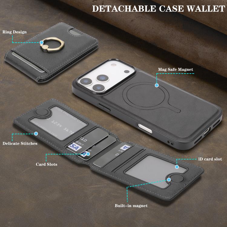 For iPhone 17 Pro Max Kalebol Strong MagSafe Ring Magnetic Card Bag Holder Leather Phone Case(Black) by Kalebol