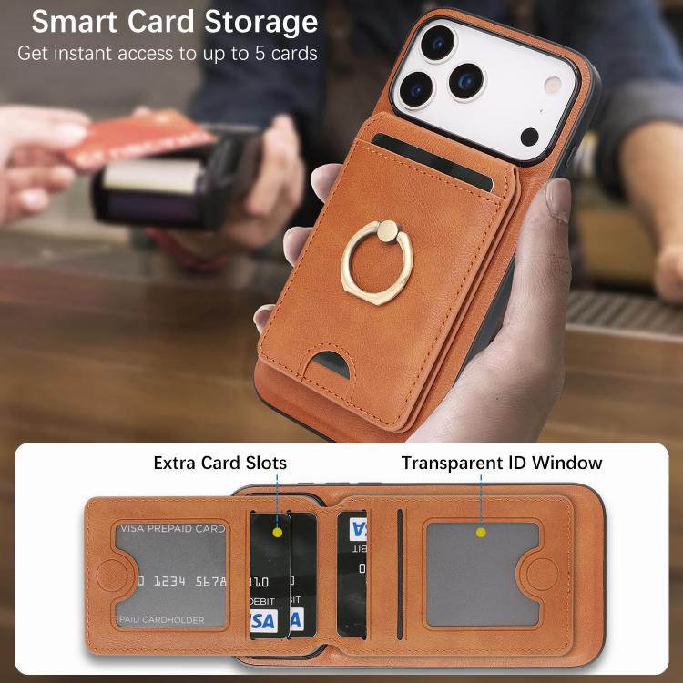 For iPhone 17 Pro Max Kalebol Strong MagSafe Ring Magnetic Card Bag Holder Leather Phone Case(Brown) by Kalebol