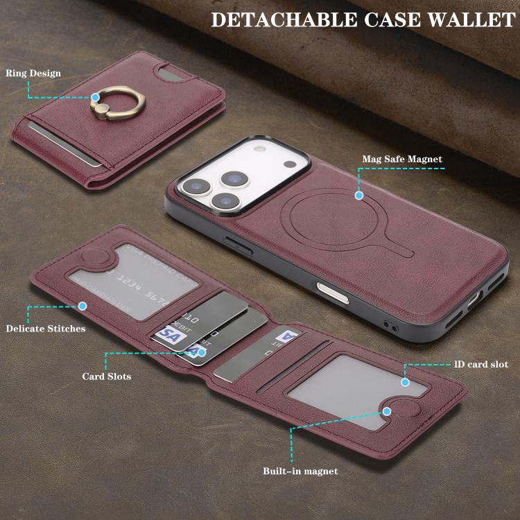 For iPhone 17 Pro Max Kalebol Strong MagSafe Ring Magnetic Card Bag Holder Leather Phone Case(Red) by Kalebol