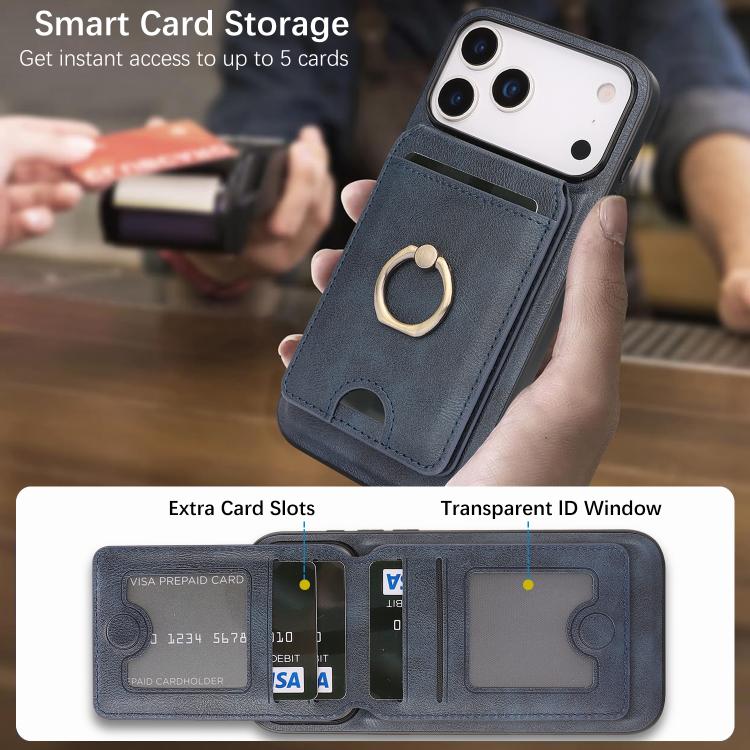For iPhone 17 Pro Max Kalebol Strong MagSafe Ring Magnetic Card Bag Holder Leather Phone Case(Blue) by Kalebol