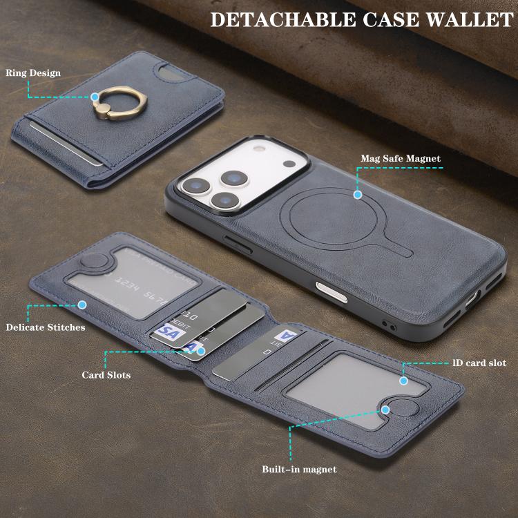 For iPhone 17 Pro Max Kalebol Strong MagSafe Ring Magnetic Card Bag Holder Leather Phone Case(Blue) by Kalebol