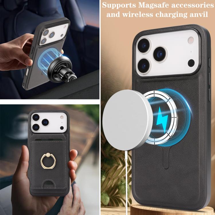 For iPhone 17 Pro Kalebol Strong MagSafe Ring Magnetic Card Bag Holder Leather Phone Case(Black) by Kalebol