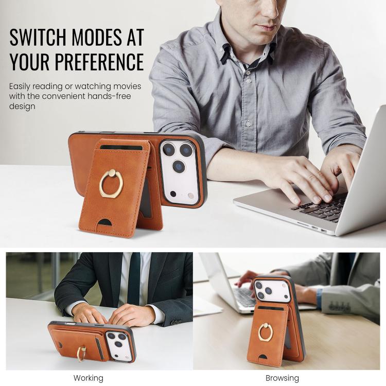 For iPhone 17 Pro Kalebol Strong MagSafe Ring Magnetic Card Bag Holder Leather Phone Case(Brown) by Kalebol