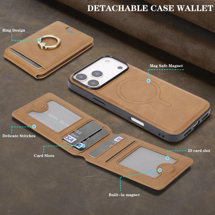 For iPhone 17 Pro Kalebol Strong MagSafe Ring Magnetic Card Bag Holder Leather Phone Case(Brown) by Kalebol