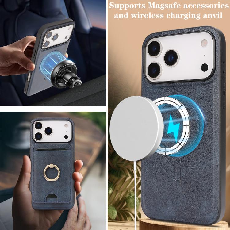For iPhone 17 Pro Kalebol Strong MagSafe Ring Magnetic Card Bag Holder Leather Phone Case(Blue) by Kalebol