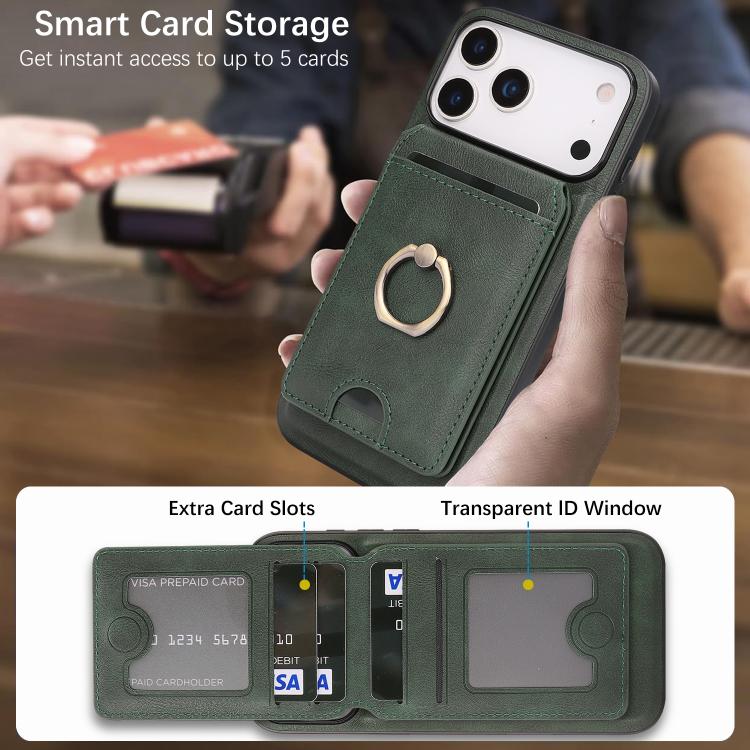 For iPhone 17 Pro Kalebol Strong MagSafe Ring Magnetic Card Bag Holder Leather Phone Case(Green) by Kalebol