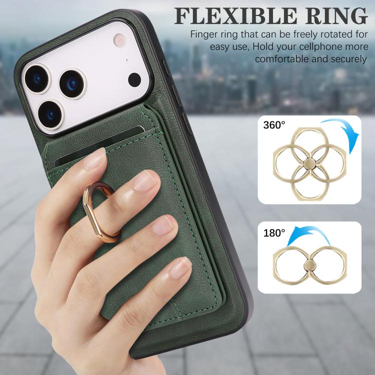For iPhone 17 Pro Kalebol Strong MagSafe Ring Magnetic Card Bag Holder Leather Phone Case(Green) by Kalebol