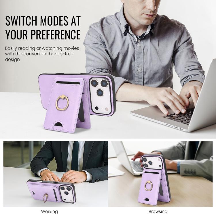 For iPhone 17 Pro Kalebol Strong MagSafe Ring Magnetic Card Bag Holder Leather Phone Case(Purple) by Kalebol