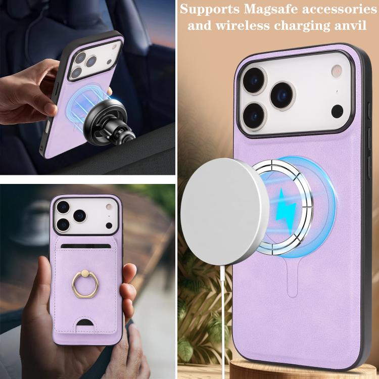 For iPhone 17 Pro Kalebol Strong MagSafe Ring Magnetic Card Bag Holder Leather Phone Case(Purple) by Kalebol
