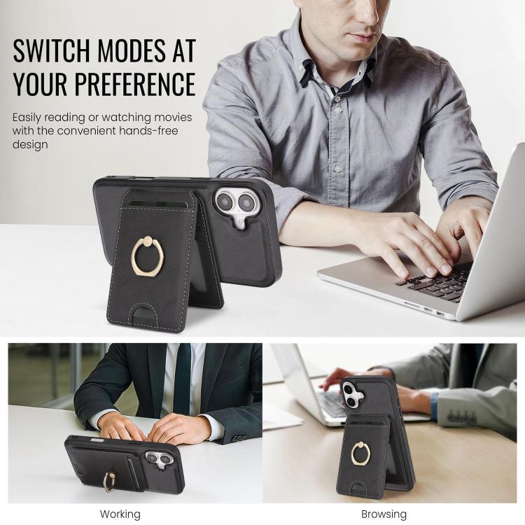 For iPhone 17 Kalebol Strong MagSafe Ring Magnetic Card Bag Holder Leather Phone Case(Black) by Kalebol