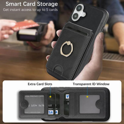 For iPhone 17 Kalebol Strong MagSafe Ring Magnetic Card Bag Holder Leather Phone Case(Black) by Kalebol