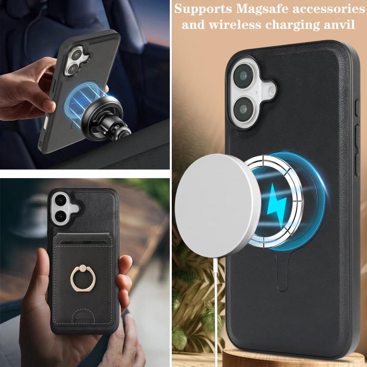 For iPhone 17 Kalebol Strong MagSafe Ring Magnetic Card Bag Holder Leather Phone Case(Black) by Kalebol