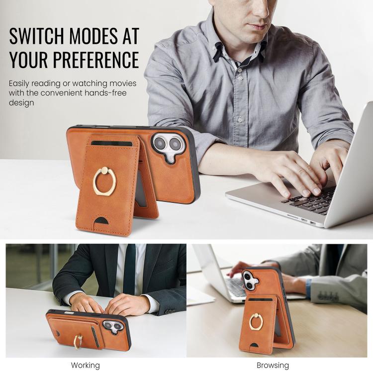 For iPhone 17 Kalebol Strong MagSafe Ring Magnetic Card Bag Holder Leather Phone Case(Brown) by Kalebol