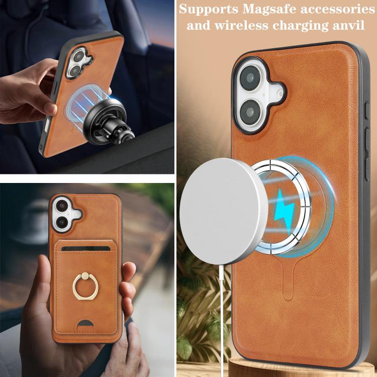 For iPhone 17 Kalebol Strong MagSafe Ring Magnetic Card Bag Holder Leather Phone Case(Brown) by Kalebol