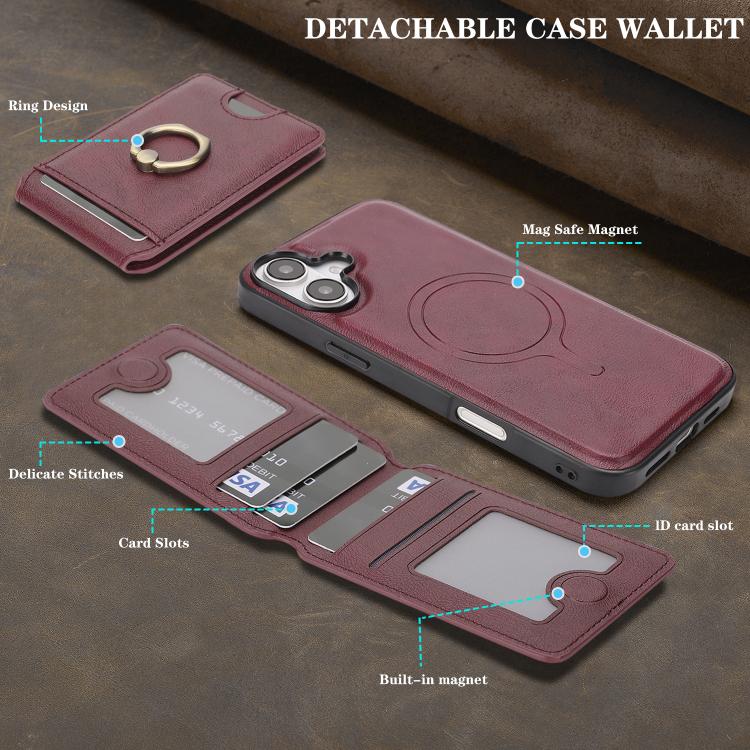 For iPhone 17 Kalebol Strong MagSafe Ring Magnetic Card Bag Holder Leather Phone Case(Red) by Kalebol