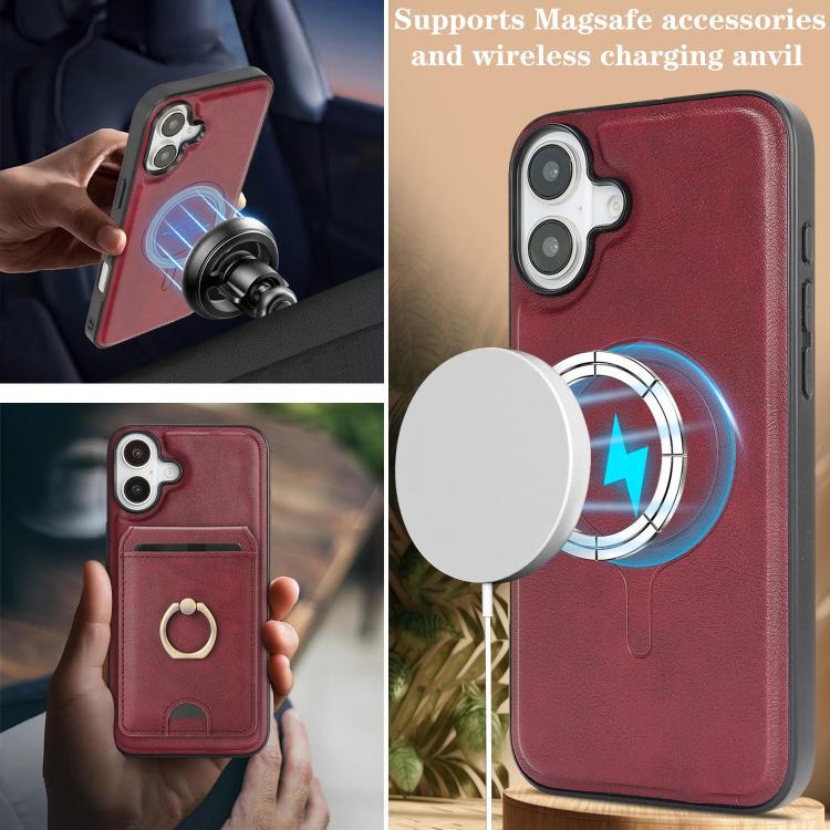For iPhone 17 Kalebol Strong MagSafe Ring Magnetic Card Bag Holder Leather Phone Case(Red) by Kalebol