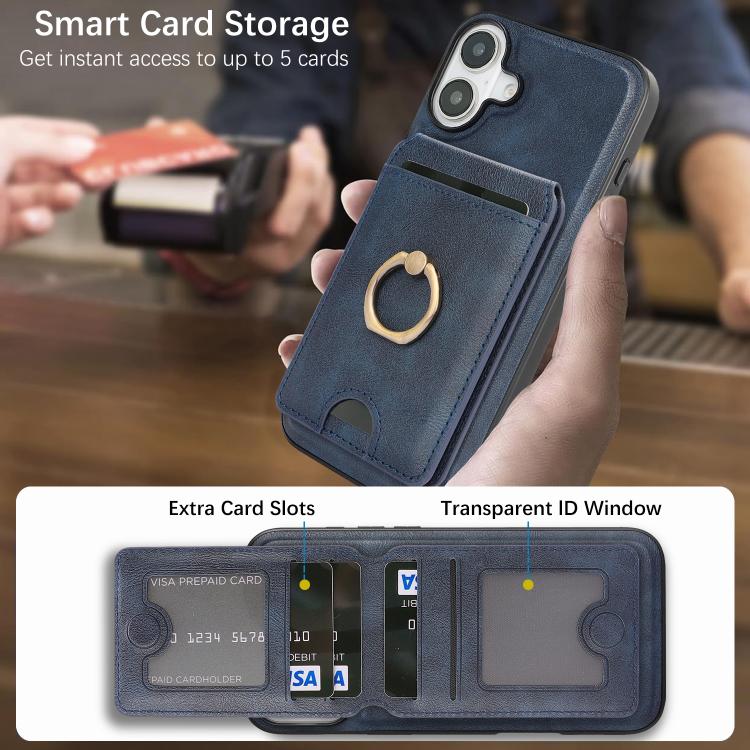 For iPhone 17 Kalebol Strong MagSafe Ring Magnetic Card Bag Holder Leather Phone Case(Blue) by Kalebol