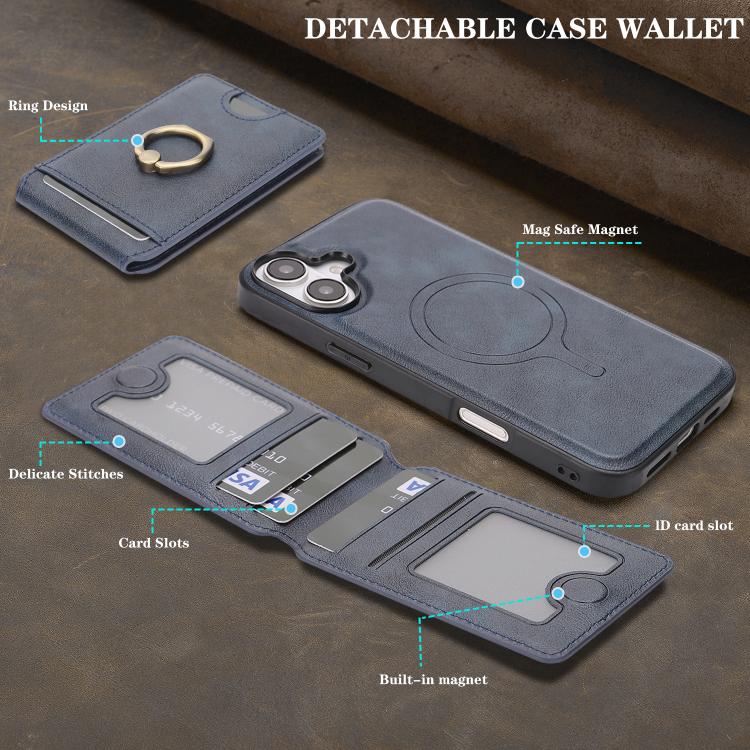 For iPhone 17 Kalebol Strong MagSafe Ring Magnetic Card Bag Holder Leather Phone Case(Blue) by Kalebol