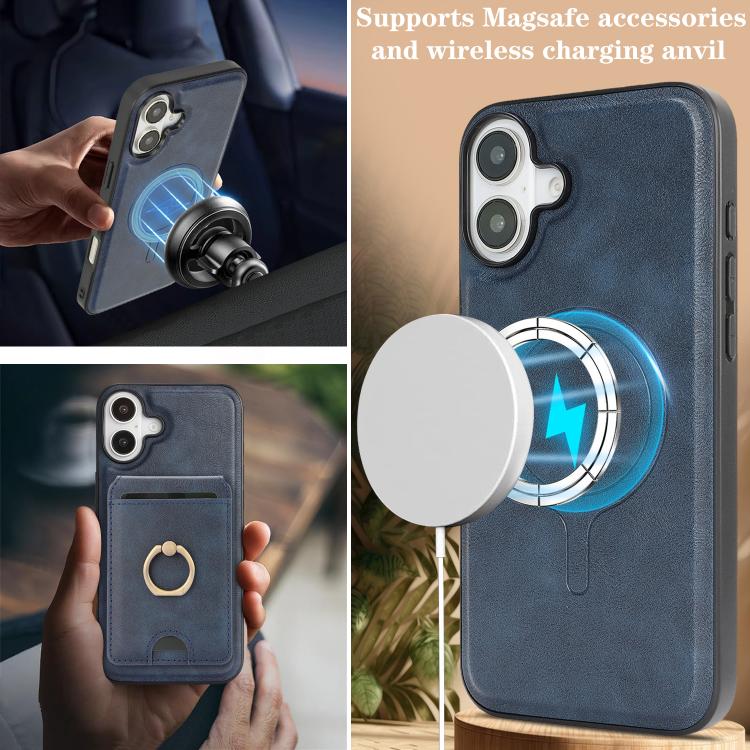 For iPhone 17 Kalebol Strong MagSafe Ring Magnetic Card Bag Holder Leather Phone Case(Blue) by Kalebol
