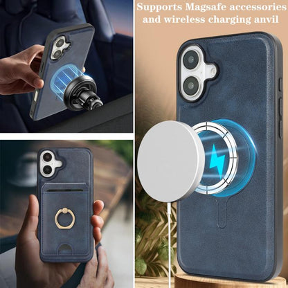 For iPhone 17 Kalebol Strong MagSafe Ring Magnetic Card Bag Holder Leather Phone Case(Blue) by Kalebol