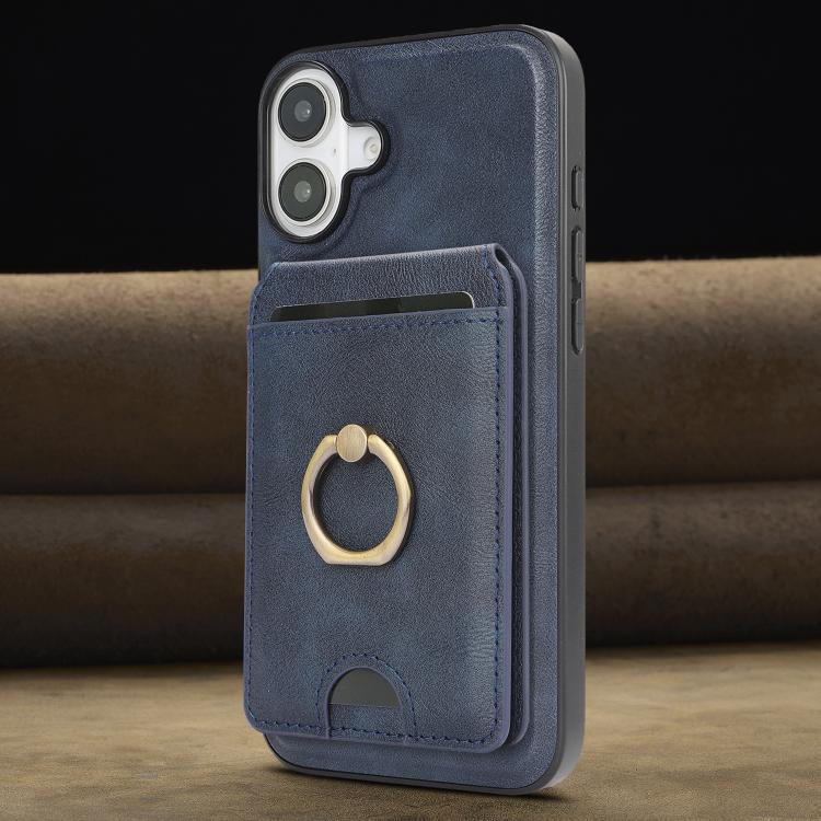 For iPhone 17 Kalebol Strong MagSafe Ring Magnetic Card Bag Holder Leather Phone Case(Blue) by Kalebol
