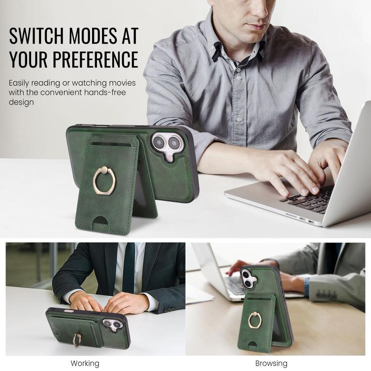For iPhone 17 Kalebol Strong MagSafe Ring Magnetic Card Bag Holder Leather Phone Case(Green) by Kalebol