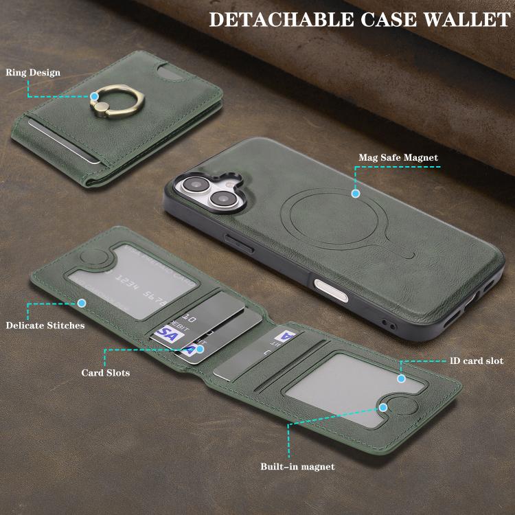For iPhone 17 Kalebol Strong MagSafe Ring Magnetic Card Bag Holder Leather Phone Case(Green) by Kalebol