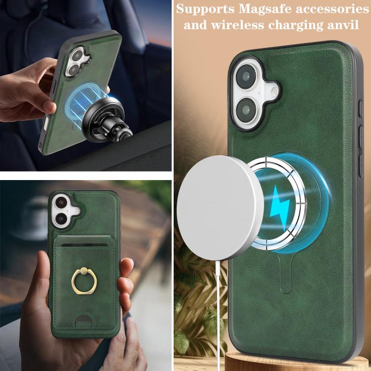 For iPhone 17 Kalebol Strong MagSafe Ring Magnetic Card Bag Holder Leather Phone Case(Green) by Kalebol