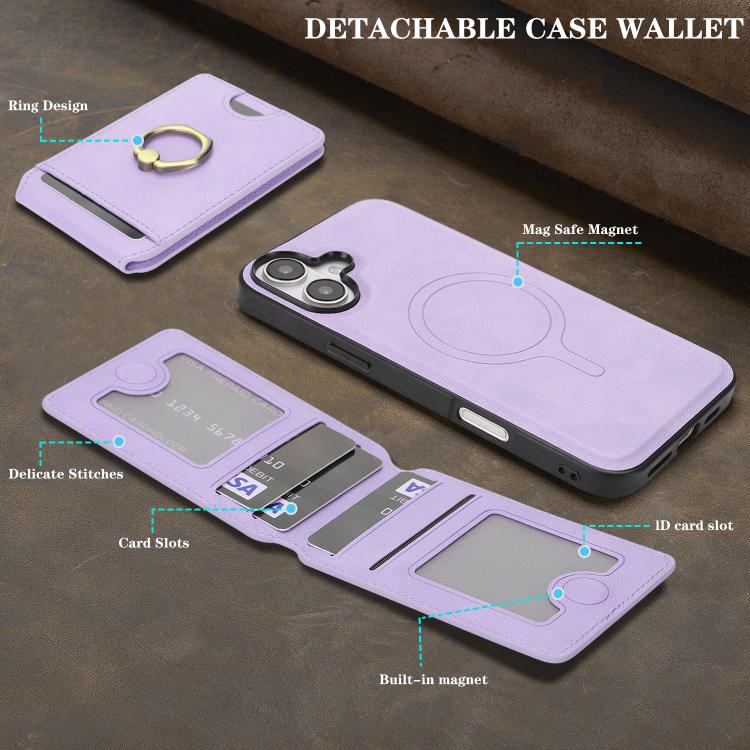 For iPhone 17 Kalebol Strong MagSafe Ring Magnetic Card Bag Holder Leather Phone Case(Purple) by Kalebol