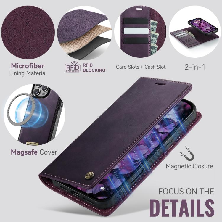 For iPhone 16 Pro Max CaseMe C49 MagSafe RFID Blocking Detachable Wallet Leather Phone Case(Purple) by CaseMe