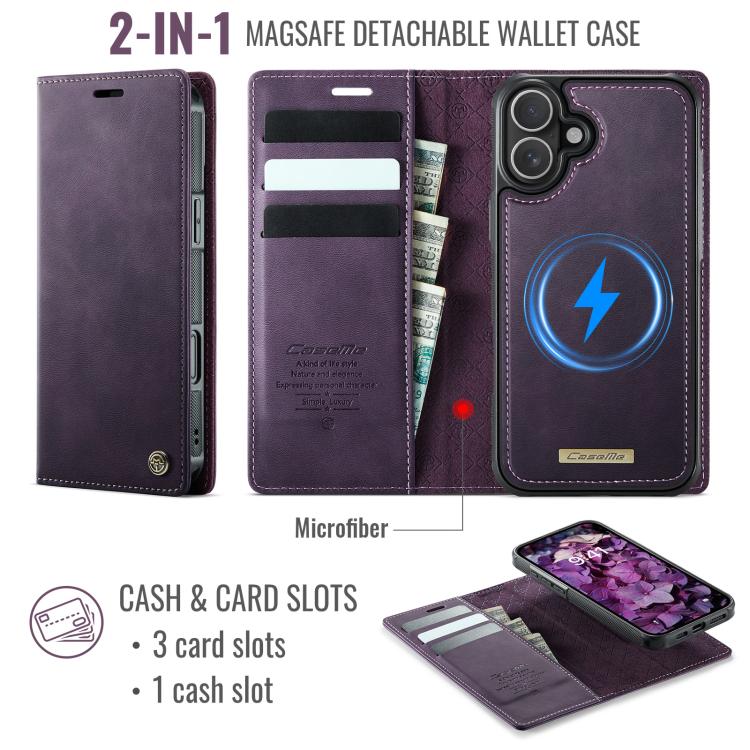 For iPhone 16 CaseMe C49 MagSafe RFID Blocking Detachable Wallet Leather Phone Case(Purple) by CaseMe