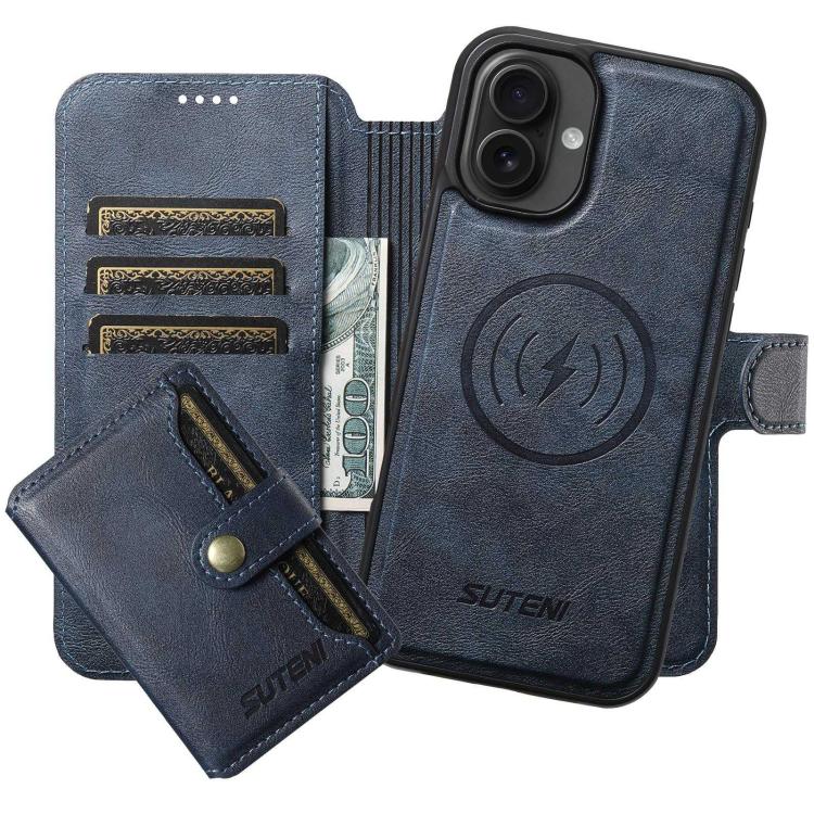For iPhone 16 Suteni Q05S1 3-in-1 Detachable Wallet MagSafe Leather Phone Case(Blue) by Suteni