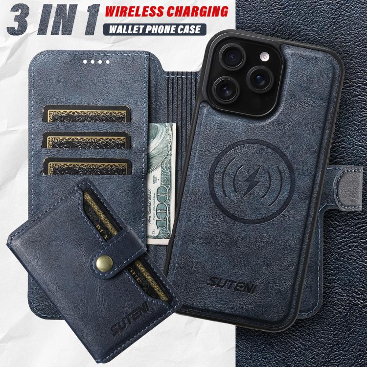 For iPhone 16 Suteni Q05S1 3-in-1 Detachable Wallet MagSafe Leather Phone Case(Blue) by Suteni