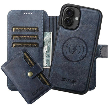 For iPhone 16 Plus Suteni Q05S1 3-in-1 Detachable Wallet MagSafe Leather Phone Case(Blue) by Suteni