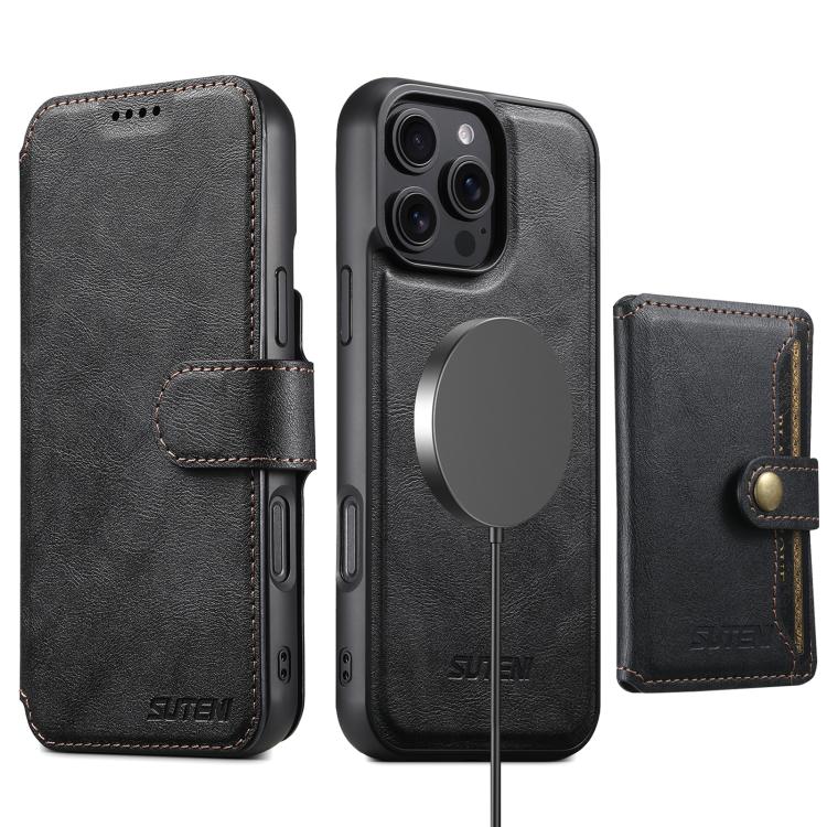 For iPhone 16 Pro Max Suteni Q05S1 3-in-1 Detachable Wallet MagSafe Leather Phone Case(Black) by Suteni
